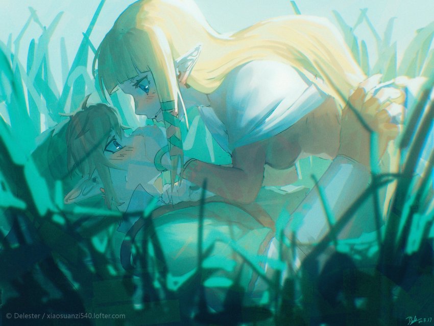 1boy 1girl bangle blonde_hair blue_eyes blunt_bangs blush bracelet breasts capelet couple covering_another&#039;s_mouth dele14375735 dress earrings fingerless_gloves girl_on_top gloves grass green_ribbon green_tunic hair_between_eyes hair_ribbon highres jewelry link long_hair long_sleeves looking_at_another medium_breasts nintendo outdoors parted_lips pointy_ears princess_zelda ribbon shirt short_hair sidelocks sweatdrop the_legend_of_zelda the_legend_of_zelda:_skyward_sword tunic upper_body white_capelet white_shirt