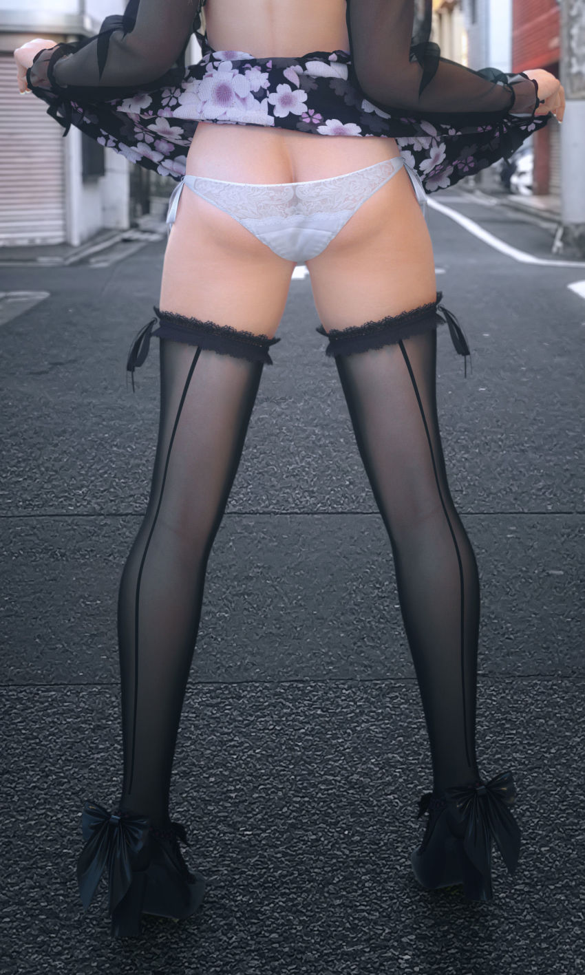 1girl 3d absurdres ass brown_eyes brown_hair butt_crack female_focus highres incise_soul japanese_clothes kasumi_(doa) m-rs ninja panties solo tagme thighhighs underwear white_panties