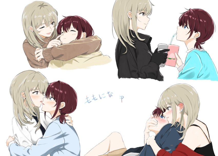 2girls black_camisole black_gloves blue_eyes blue_sweater blush brown_sweater camisole closed_eyes covering_another&#039;s_mouth drinking_straw drinking_straw_in_mouth earclip earrings eye_contact girls_band_cry gloves grey_eyes grey_hair holding_carton iseri_nina jacket jewelry kawaragi_momoka long_hair long_sleeves looking_at_another low_twintails mismatched_earrings momokan_1209 multiple_girls multiple_views off_shoulder one_eye_closed red_jacket shirt short_hair short_twintails simple_background single_earring sleeping stud_earrings sweater twintails white_background white_shirt yuri