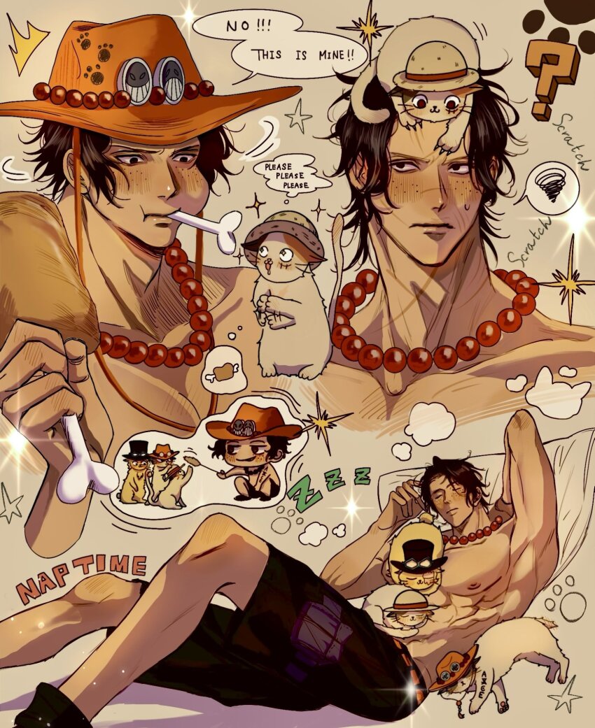 1boy ? black_hair blonde_hair blush cat commentary eating freckles hat highres jewelry male_focus monkey_d._luffy multiple_boys multiple_views necklace one_piece orange_hat pearl_necklace portgas_d._ace pouch rihirihi613 sabo_(one_piece) scar scar_on_face scratches simple_background sleeping sleeping_on_person speech_bubble spoken_squiggle squiggle straw_hat thigh_pouch topless_male zzz