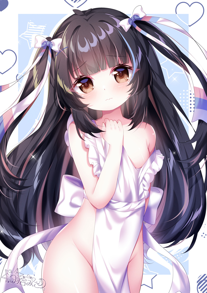 1girl apron back_bow black_hair blue_background blunt_bangs blush border bow breasts brown_eyes character_request closed_mouth commentary_request commission copyright_request covered_navel cowboy_shot frilled_apron frills groin hair_bow hair_ornament hamiyamiko hand_on_own_chest heart highres long_hair looking_at_viewer multicolored_hair naked_apron outside_border pink_streaks sidelocks signature small_breasts solo sparkle standing star_(symbol) streaked_hair two_side_up very_long_hair white_apron white_border white_bow x_hair_ornament