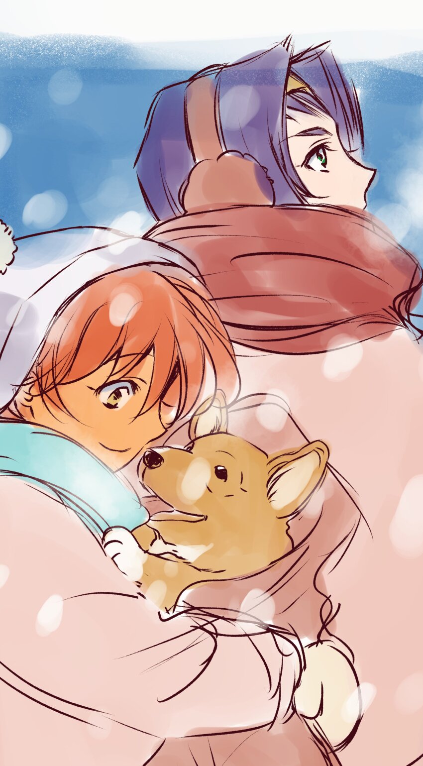 2girls absurdres animal coat cowboy_bebop dark-skinned_female dark_skin dog earmuffs edward_wong_hau_pepelu_tivrusky_iv ein_(cowboy_bebop) faye_valentine green_eyes headband highres holding holding_animal holding_dog multiple_girls orange_hair purple_hair scarf short_hair snow tagme tobalin winter_clothes winter_coat yellow_eyes