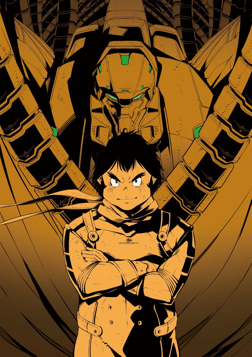 1boy absurdres black_eyes cover cover_image cover_page crossed_arms getter-3_(devolution) getter_robo getter_robo_devolution green_eyes highres looking_at_viewer male_focus manga_cover mecha musashi_tomoe_(devolution) official_art pilot_suit robot scarf shimizu_eiichi shimoguchi_tomohiro smile super_robot textless_version v-shaped_eyebrows yellow_theme