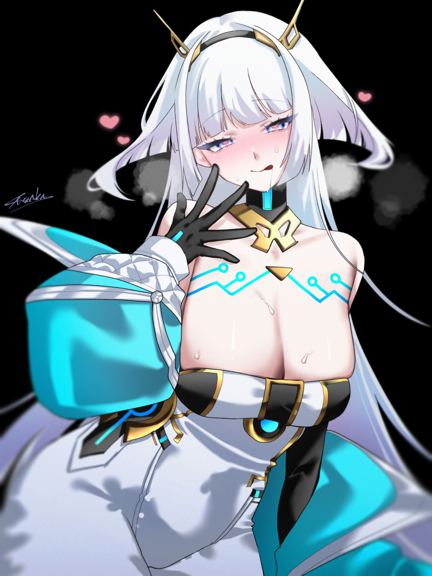 1girl black_gloves blue_jacket blush bodysuit breasts cleavage eudie_(shadowverse) gloves heart heart-shaped_pupils heart_in_eye highres jacket large_breasts leotard long_hair looking_at_viewer open_clothes open_mouth sanzakasun shadowverse shadowverse:_worlds_beyond simple_background solo symbol-shaped_pupils symbol_in_eye torn_clothes torn_leotard very_long_hair white_bodysuit white_hair