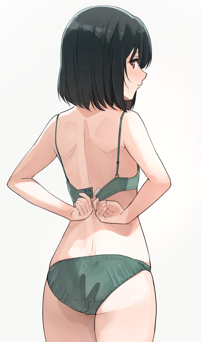 1girl absurdres ass black_hair bra green_bra highres looking_back love_live! love_live!_nijigasaki_high_school_idol_club medium_hair mifune_shioriko open_bra red_eyes tata_(tataice) underwear white_background