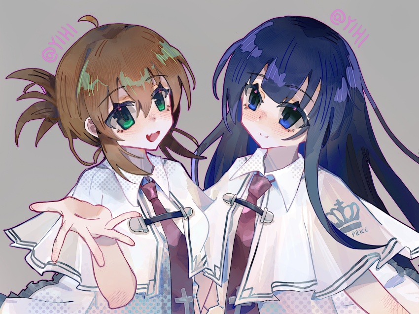 2girls artist_name blue_eyes blue_hair blush brown_hair capelet closed_mouth collared_shirt fang green_eyes grey_background hand_up highres long_hair looking_at_viewer multiple_girls necktie open_mouth ponytail red_necktie shirt short_hair short_ponytail simple_background skin_fang smile subarashiki_hibi tachibana_kimika takashima_zakuro upper_body white_capelet white_shirt yihi
