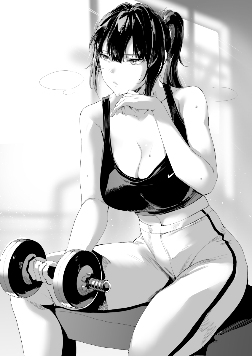 1girl absurdres bare_shoulders breasts cleavage curling dumbbell exercising greyscale hair_between_eyes high-waist_pants high_ponytail highres large_breasts lynus midriff monochrome naoko_(lynus) original pants ponytail sidelocks sitting sports_bra sweat yoga_pants