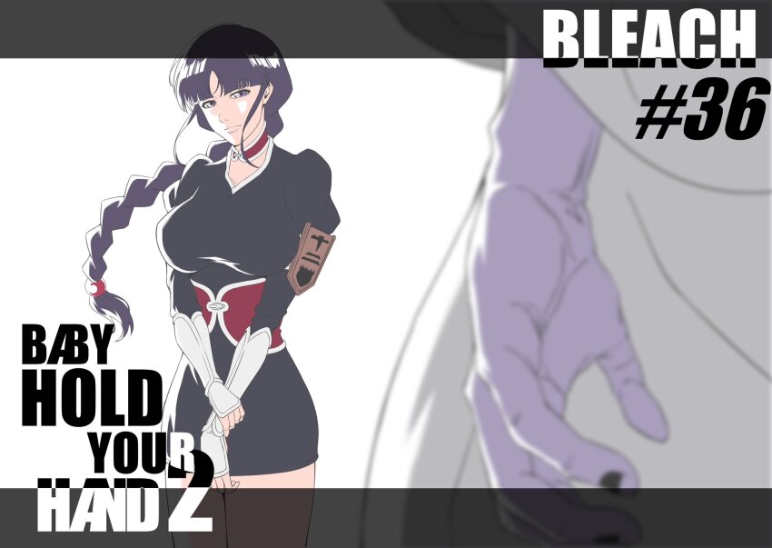 1boy 1girl 7l6cup9yzr1xu7d badge black_hair black_nails bleach bleach:_sennen_kessen-hen blue_skirt blunt_bangs blurry blurry_foreground braid braided_ponytail breasts choker closed_mouth colored_skin commentary copyright_name cowboy_shot depth_of_field english_commentary english_text father_and_daughter floating_hair fukutaichou_badge grey_eyes hand_on_own_wrist highres juliet_sleeves kurotsuchi_mayuri kurotsuchi_nemu large_breasts light_smile long_hair long_sleeves looking_at_another nail_polish official_style pencil_skirt puffy_sleeves red_choker simple_background skirt solo_focus split_mouth v_arms white_background white_skin