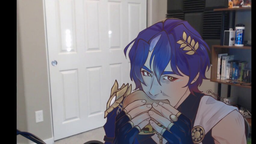 1boy adeptoast blue_hair burger collared_shirt dr._ratio_(honkai:_star_rail) eating eyeliner fingerless_gloves food gloves honkai:_star_rail honkai_(series) indoors jerma985 jerma985_eating_a_whopper_(meme) looking_at_viewer makeup male_focus meme multicolored_eyes photo_background red_eyeliner ringed_eyes sash shirt short_hair slit_pupils solo twitter_username two-tone_eyes