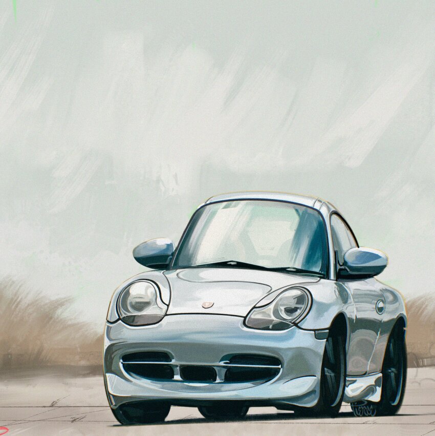 artist_name car chibi cloud commentary english_commentary highres motor_vehicle no_humans original porsche porsche_911 porsche_996 shadow sky sports_car vehicle_focus will_pierce
