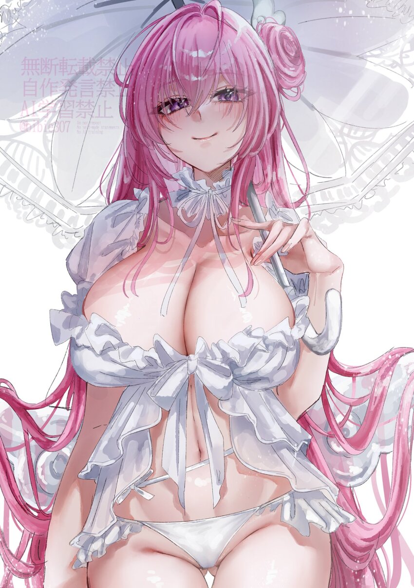 1girl bibie307 bikini breasts cleavage commentary_request cowboy_shot dorothy_(nikke) dorothy_(serendipity)_(nikke) dress goddess_of_victory:_nikke hair_bun highres holding holding_umbrella large_breasts long_hair navel official_alternate_costume pink_hair purple_eyes simple_background single_side_bun smile solo stomach swimsuit thighs umbrella very_long_hair white_background white_bikini white_dress