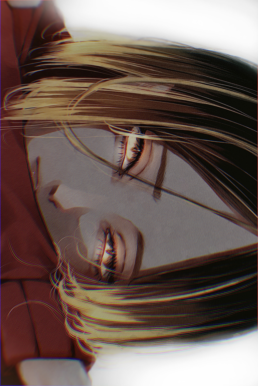 1boy absurdres blonde_hair close-up commentary commentary_request glowing glowing_eyes haikyuu!! highres kozume_kenma lips long_sleeves looking_at_viewer male_focus nakai111 short_hair solo white_background yellow_eyes