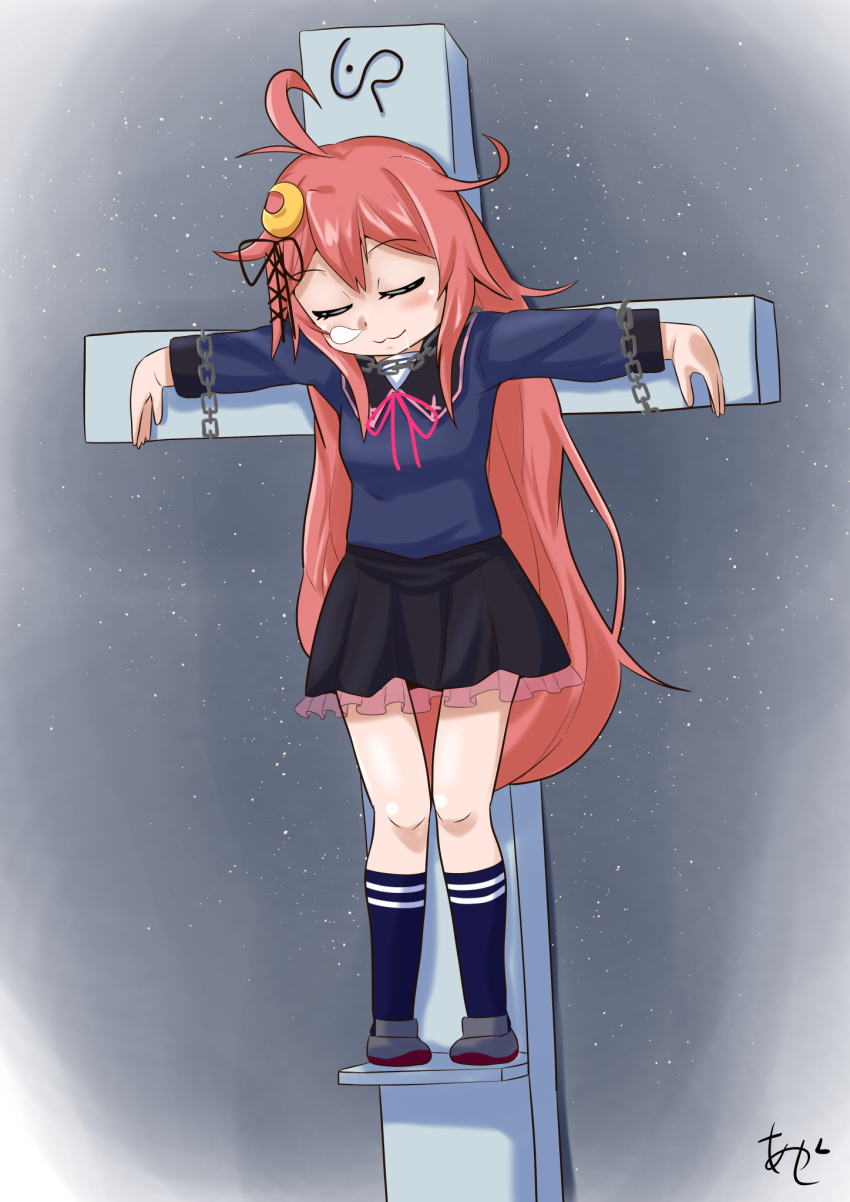 1girl ahoge akashieru black_sailor_collar black_skirt black_socks blue_shirt chain crescent crescent_hair_ornament cross crucifixion facing_down full_body grey_background hair_ornament highres kantai_collection long_hair low-tied_long_hair orange_hair outstretched_arms platform restrained sailor_collar shirt skirt socks solo standing stationary_restraints uzuki_(kancolle)