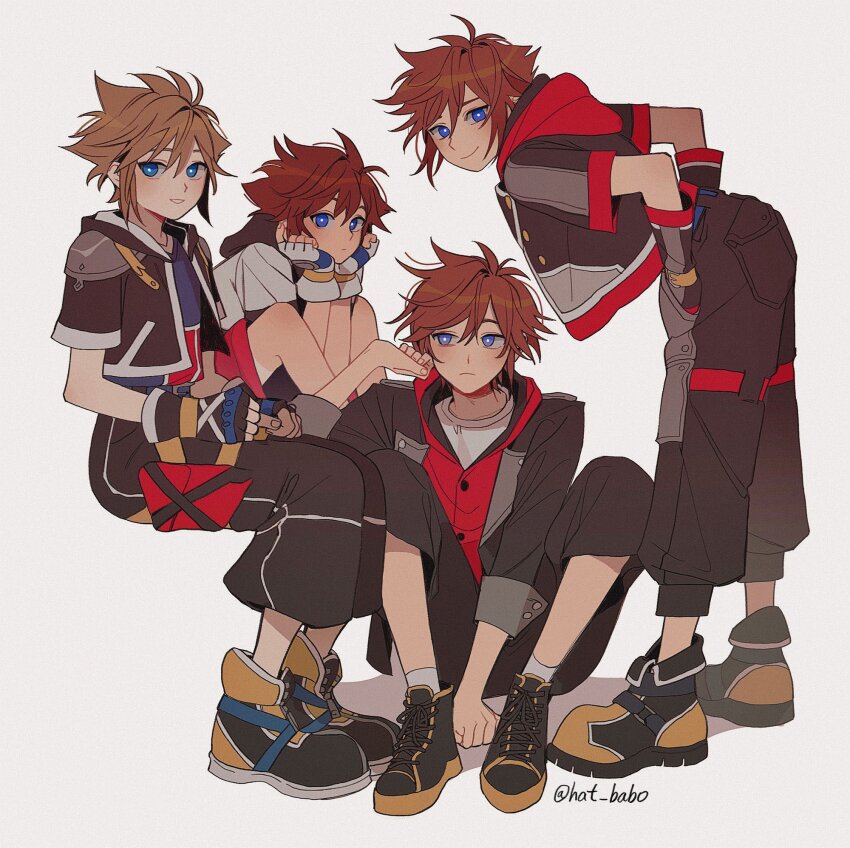 4boys blue_eyes brown_hair closed_mouth fingerless_gloves gloves hat_babo highres kingdom_hearts kingdom_hearts_iii male_focus multiple_boys red_hood shirt shoes short_hair sitting smile sneakers sora_(kingdom_hearts) spiked_hair standing twitter_username