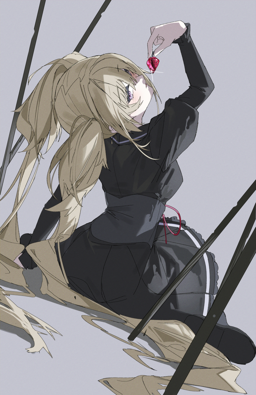 1girl absurdres arm_up black_dress black_socks blonde_hair blush breasts commentary corset dress english_commentary food fruit grey_background highres holding holding_food holding_fruit hoshina_utau large_breasts long_hair long_sleeves looking_at_viewer looking_back purple_eyes qtian shugo_chara! simple_background sitting socks solo twintails