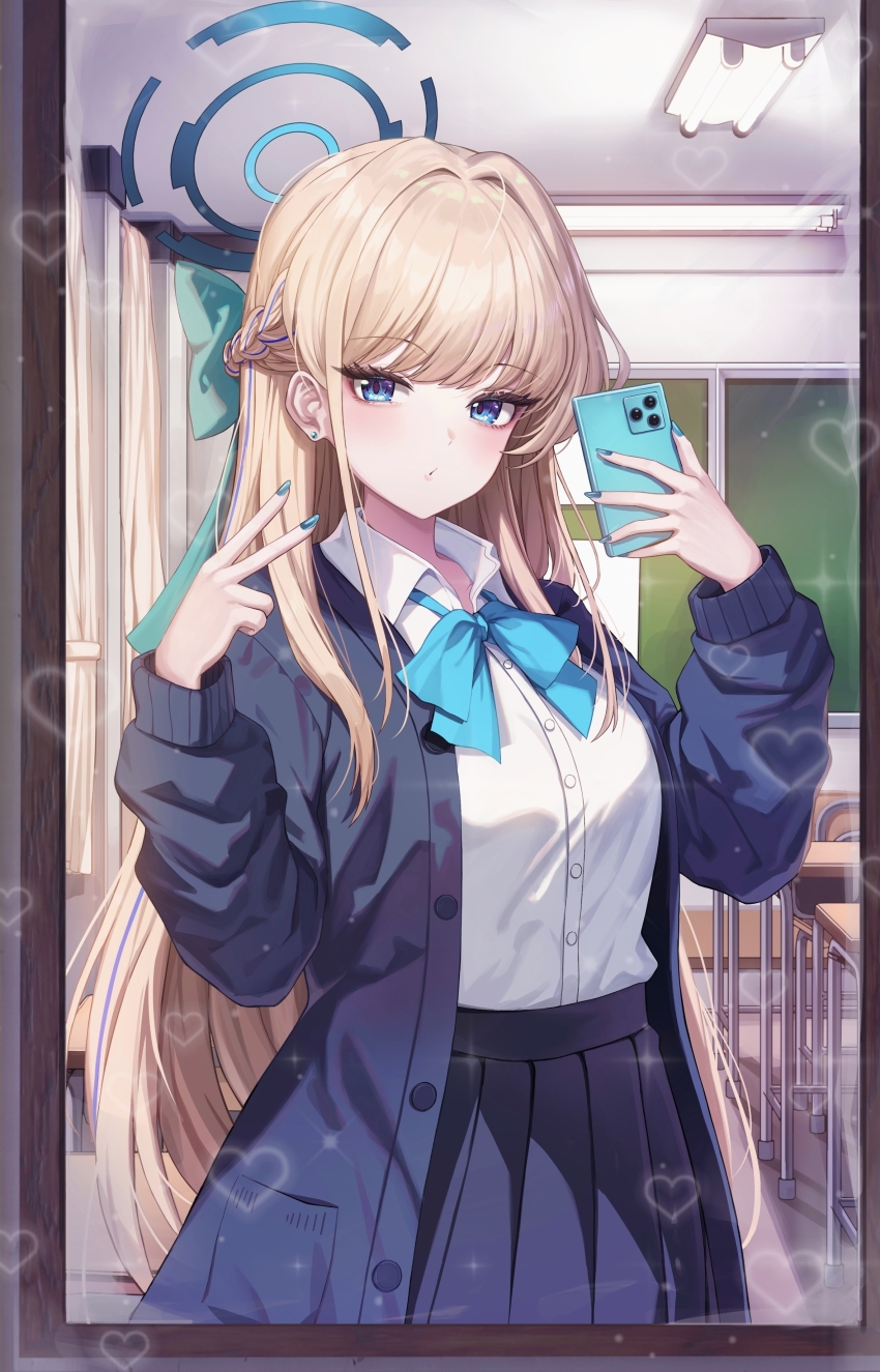 1girl absurdres blonde_hair blue_archive blue_bow blue_bowtie blue_eyes blue_halo blue_jacket blue_nails blue_skirt blush bow bowtie breasts cellphone chalkboard classroom collared_shirt commentary dress_shirt fingernails fluorescent_lamp gwinggwing halo hands_up heart highres holding holding_phone indoors jacket long_hair long_sleeves looking_at_viewer nail_polish official_alternate_costume open_clothes open_jacket phone pleated_skirt shirt skirt solo toki_(blue_archive) toki_(school_uniform)_(blue_archive) upper_body v very_long_hair white_shirt