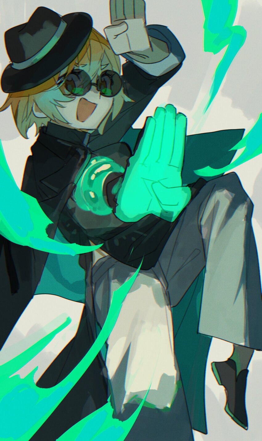1girl :d absurdres black_coat black_dress black_gloves black_hat black_shoes blonde_hair china_dress chinese_clothes cinq_association_east_uniform coat coat_on_shoulders don_quixote_(project_moon) dress full_body glasses gloves grey_background hamelon310 hat highres jade_bracelet limbus_company looking_at_viewer opaque_glasses open_mouth pants partially_opaque_glasses partially_opaque_sunglasses project_moon round_eyewear shoes short_hair simple_background single_glove smile solo standing sunglasses tinted_eyewear white_pants yellow_eyes