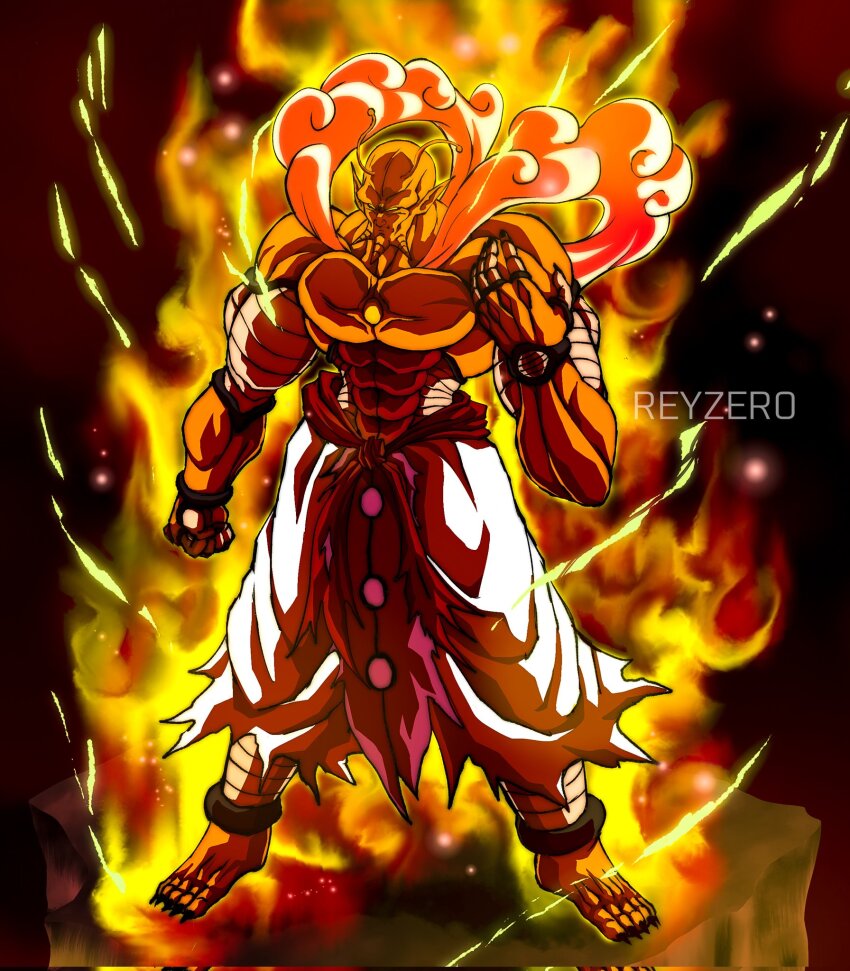 1boy alternate_form antennae artist_name aura barefoot belt black_nails chin_spike clenched_hand cloud cloud_clothes cloudy_sky colored_skin commentary corrupted_twitter_file dragon_ball dragon_ball_super dragon_ball_super_super_hero energy english_commentary fiery_aura fingernails full_body glowing hand_up highres martial_arts_belt muscular muscular_male namekian orange_piccolo orange_skin pants pelvic_curtain piccolo red_theme redesign reykovlor sharp_fingernails sharp_toenails sky solo standing_on_rock toenails topless_male torn_belt torn_clothes torn_pants white_pants yellow_eyes