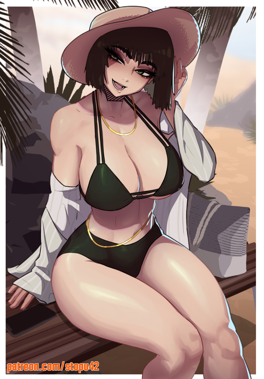 1girl absurdres artist_name bag bare_shoulders bench bikini black_hair blush border breasts cellphone cleavage fubuki_(one-punch_man) gold_necklace green_bikini green_eyes green_hair hand_in_own_hair hat highres jewelry large_breasts legs_together looking_at_viewer navel necklace off_shoulder one-punch_man palm_tree patreon_logo patreon_username phone rock shirt short_hair sitting smile solo stopu summer sun_hat swimsuit thick_thighs thighs toned toned_female tree white_border white_shirt
