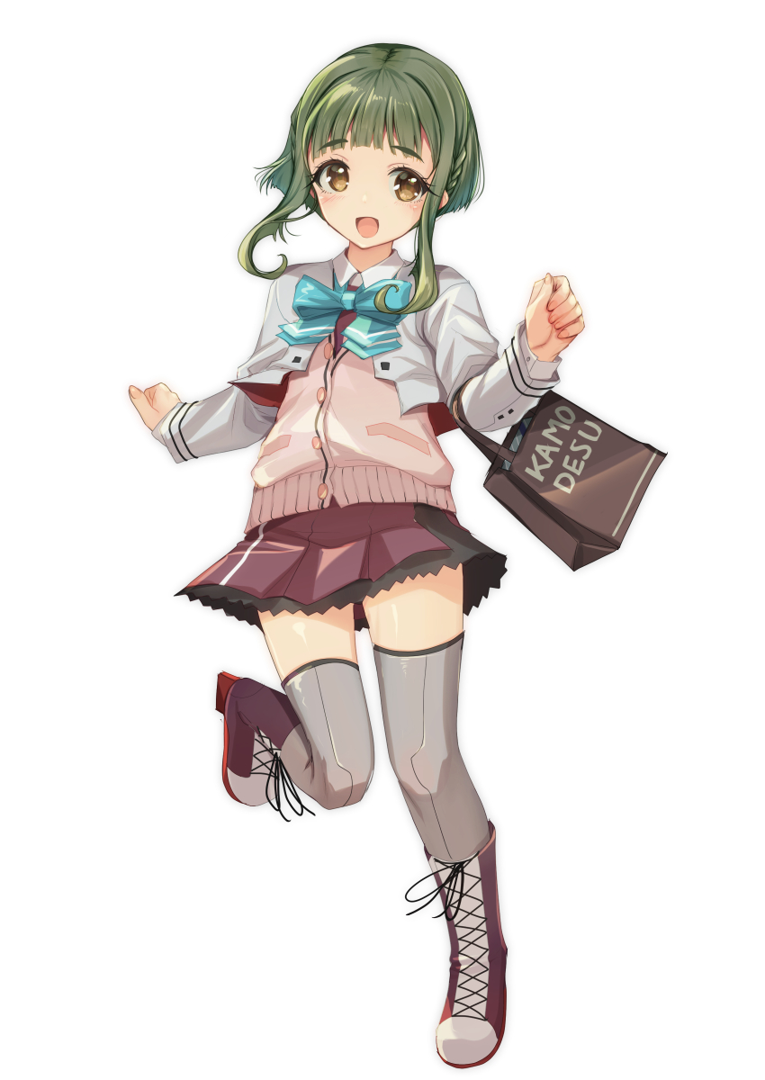1girl absurdres aqua_bow aqua_bowtie bag blazer bob_cut boots bow bowtie brown_eyes cardigan commentary_request full_body green_hair grey_thighhighs highres jacket kantai_collection lace-up_boots pink_cardigan purple_skirt school_uniform shopping_bag short_hair short_hair_with_long_locks sidelocks simple_background skirt solo takanami_(kancolle) takanami_kai_ni_(kancolle) thighhighs white_background white_jacket yashin_(yasinz)