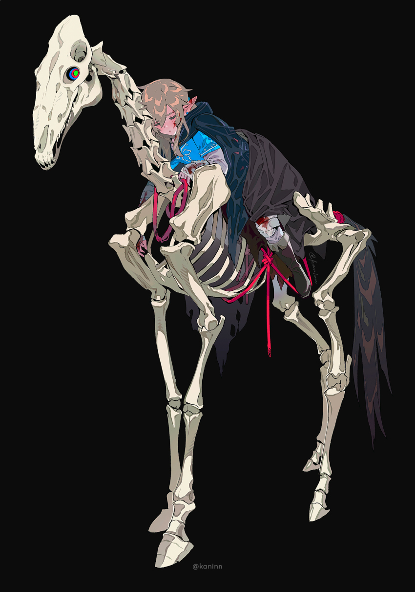 1boy animal_skull bandages black_background blonde_hair blood blood_on_face bloody_bandages cloak creature earrings closed_eyes full_body highres horse horse_tail horseback_riding jewelry kaninn link long_hair looking_at_another lying multicolored_eyes nintendo on_stomach pointy_ears reins ribs riding ringed_eyes simple_background skeleton skeleton_horse skull sleeping stalhorse tail teeth the_legend_of_zelda the_legend_of_zelda:_breath_of_the_wild tunic
