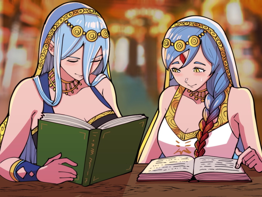 2girls azura_(fire_emblem) azura_(hatari)_(fire_emblem) bare_shoulders blue_hair blurry blurry_background book breasts cleavage closed_mouth collarbone commentary english_commentary fire_emblem fire_emblem_fates forehead_jewel gem gradient_hair holding holding_book jewelry leanne_(fire_emblem) leanne_(hatari)_(fire_emblem) light_blue_hair lilith_(fire_emblem) medium_breasts mnejing30 multicolored_hair multiple_girls necklace nintendo open_book red_gemstone red_hair smile table two-tone_hair veil wooden_table yellow_eyes