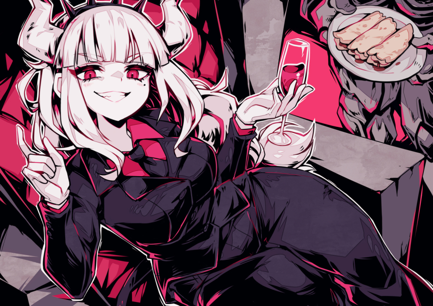 1girl black_necktie black_pants blunt_bangs breasts business_suit collared_shirt crepe cup demon_girl demon_horns drinking_glass feet_out_of_frame food formal_clothes gloves grin helltaker horns index_finger_raised large_breasts limited_palette long_hair lucifer_(helltaker) mole mole_under_eye necktie pancake pants parororo red_eyes red_shirt shirt sidelocks sitting sitting_on_throne smile solo_focus suit white_gloves white_hair white_horns wine_glass