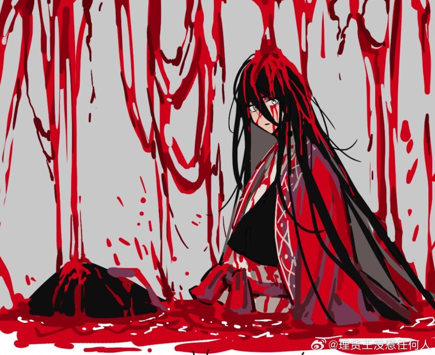 1boy black_hair black_hanfu blood blood_in_hair blood_on_body blood_on_clothes blood_on_face chinese_clothes chinese_commentary closed_mouth coat dao_gui_yi_xian dripping from_side grey_background hair_between_eyes hanfu ji_zai knees_up li_huo_wang_mei_re_ren_he_ren li_huowang limited_palette long_hair long_sleeves looking_at_viewer official_alternate_hair_length official_alternate_hairstyle open_clothes open_coat partially_submerged pool_of_blood red_coat red_sash red_theme red_water robe sash simple_background sitting solo upper_body very_long_hair watermark weibo_watermark white_eyes