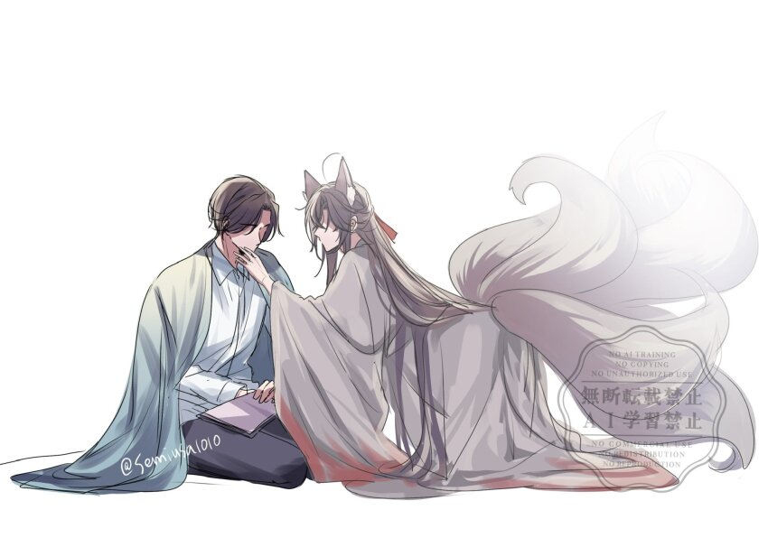 2boys ahoge alternate_universe animal_ears aqua_coat black_hair black_pants book brown_hair chinese_clothes closed_eyes closed_mouth coat coat_on_shoulders collared_shirt fox_boy fox_ears fox_tail full_body grey_coat hair_down hair_ribbon half_updo hand_on_another&#039;s_face hanfu highres holding holding_book kemonomimi_mode kitsune kneeling kyuubi lan_wangji long_hair long_sleeves looking_at_another male_focus modao_zushi multiple_boys multiple_tails official_alternate_costume official_alternate_hairstyle open_book pants red_ribbon ribbon robe seiza semiusa1010 shirt short_hair sidelocks simple_background sitting tail twitter_username very_long_hair watermark wei_wuxian wei_wuxian_(yiling_laozu) white_background white_shirt wide_sleeves yaoi