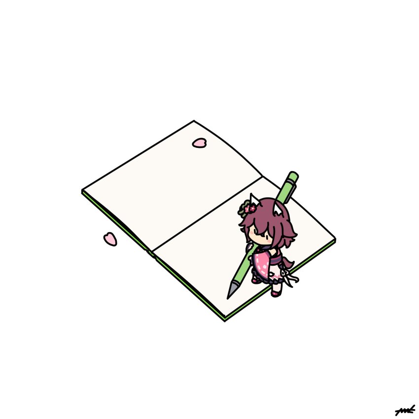 1girl animal_ears blush chibi detached_sleeves full_body highres holding horse_ears horse_tail kashinoki_(koaaski) long_sleeves notebook petals pink_hair sakura_chiyono_o_(umamusume) signature solo standing tail thighhighs umamusume white_background writing