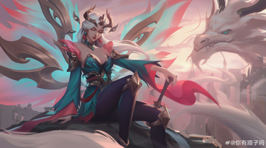 1girl absurdres artist_name black_pantyhose breasts building cleavage closed_eyes closed_mouth cloud dragon earrings eastern_dragon fog hair_ornament highres holding holding_sword holding_weapon immortal_journey_kayle jewelry kayle_(league_of_legends) large_breasts league_of_legends long_hair multicolored_wings multiple_wings official_alternate_costume official_alternate_hairstyle outdoors pantyhose pigubu sitting sky smile solo sword tassel tassel_earrings weapon white_hair wide_sleeves wings