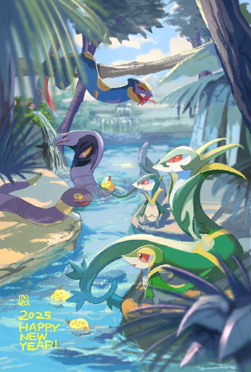 2025 arbok berry_(pokemon) chinese_zodiac closed_mouth ekans fangs gen_1_pokemon gen_3_pokemon gen_5_pokemon happy_new_year highres mo~zu new_year nintendo no_humans outdoors pokemon pokemon_(creature) red_eyes serperior servine seviper sitrus_berry smile snake snivy tree water year_of_the_snake