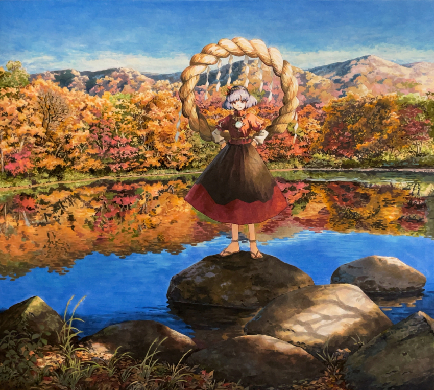1girl autumn black_skirt blue_sky commentary_request day forest grass hands_on_own_hips highres lake layered_sleeves long_sleeves looking_at_viewer marker_(medium) mirror mountain mountainous_horizon nature on_rock outdoors purple_hair red_shirt red_skirt reflection rope shimenawa shiratama_(hockey) shirt short_hair short_over_long_sleeves short_sleeves skirt sky smile solo standing sunlight touhou traditional_media tree two-tone_skirt water yasaka_kanako