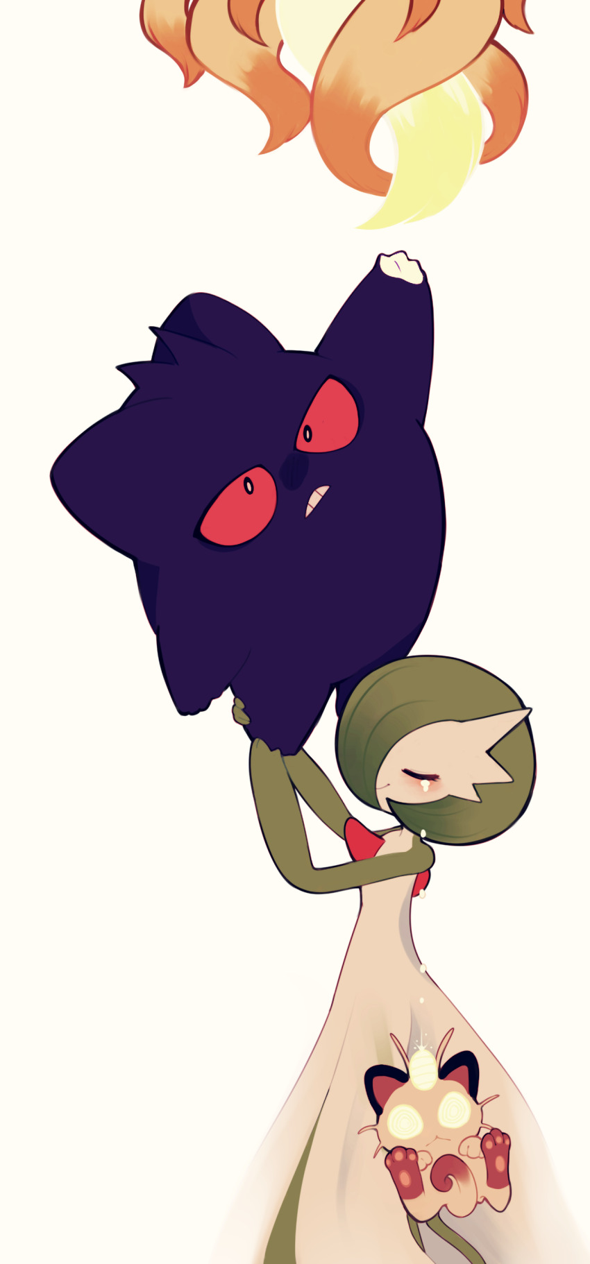 absurdres bob_cut clem_(calmeremerald) closed_eyes colored_skin from_side gardevoir gen_1_pokemon gen_3_pokemon gengar ghost glowing glowing_eyes green_hair green_skin highres meowth multicolored_skin ninetales nintendo pokemon pokemon_mystery_dungeon simple_background smile tears two-tone_skin white_skin