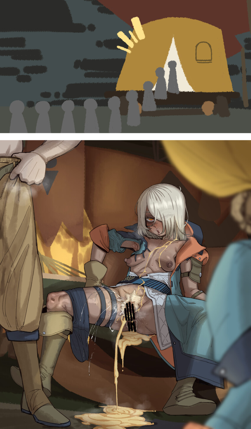 absurdres aftersex ahegao anal_hair bar_censor breasts censored cum cum_in_ass cum_in_pussy cum_pool cumdrip cumdump dark-skinned_female dark_skin ebonyxh female_pubic_hair grey_hair hair_over_one_eye highres medium_hair monster_hunter_(series) monster_hunter_wilds nipples original peeing pubic_hair pussy queue rape rolling_eyes sitting small_breasts solaria_(ebonyxh) spread_legs tent yellow_eyes