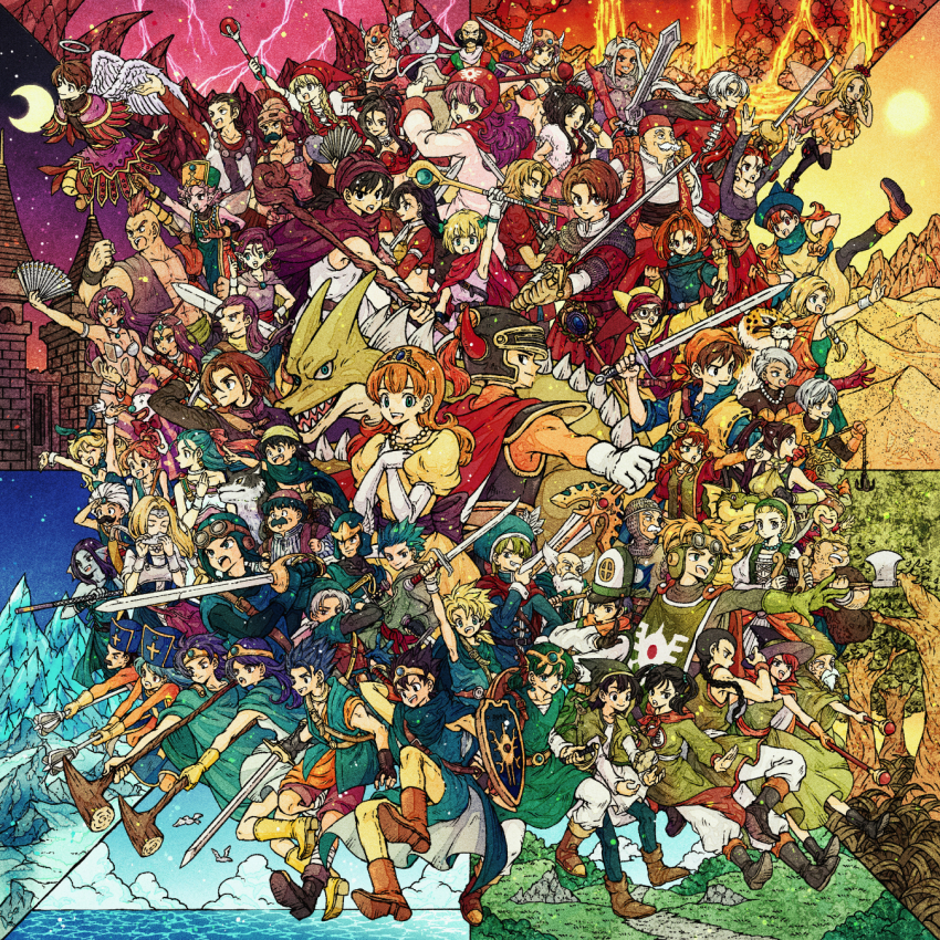 1980s_(style) 6+boys 6+girls aira_(dq7) alena_(dq4) armor axe beard bianca_(dq5) bird black_hair blue_hair boots borongo bow braid brown_footwear brown_hair camus_(dq11) character_request clift copyright_request dragon dragon_quest dragon_quest_i dragon_quest_ii dragon_quest_iii dragon_quest_iv dragon_quest_ix dragon_quest_v dragon_quest_vii dragon_quest_viii dragon_quest_x dragon_quest_xi earrings facial_hair fake_horns flower gabo glasses gloves goggles goggles_on_headwear green_bow green_gloves green_hair greig_(dq11) hair_bow hair_flower hair_ornament halo hat hat_feather helmet hero&#039;s_daughter_(dq5) hero&#039;s_son_(dq5) hero_(dq1) hero_(dq11) hero_(dq5) hero_(dq7) highres holding holding_shield holding_staff holding_sword holding_weapon horned_helmet horns instrument jessica_albert gadabout_(dq3) jewelry maribel_(dq7) martina_(dq11) multiple_boys multiple_girls mustache necklace ocarina ogre_(dq10) oldschool open_mouth orange_hair priest_(dq3) prince_of_lorasia prince_of_samantoria princess_laura princess_of_moonbrook purple_hair red_flower red_hair row_(dq11) sandy_(dq9) senya_(dq11) shield sir_mervyn smile warrior_(dq3) staff sword sylvia_(dq11) tiara toriga tree veronica_(dq11) weapon white_gloves white_hair winged_helmet wings