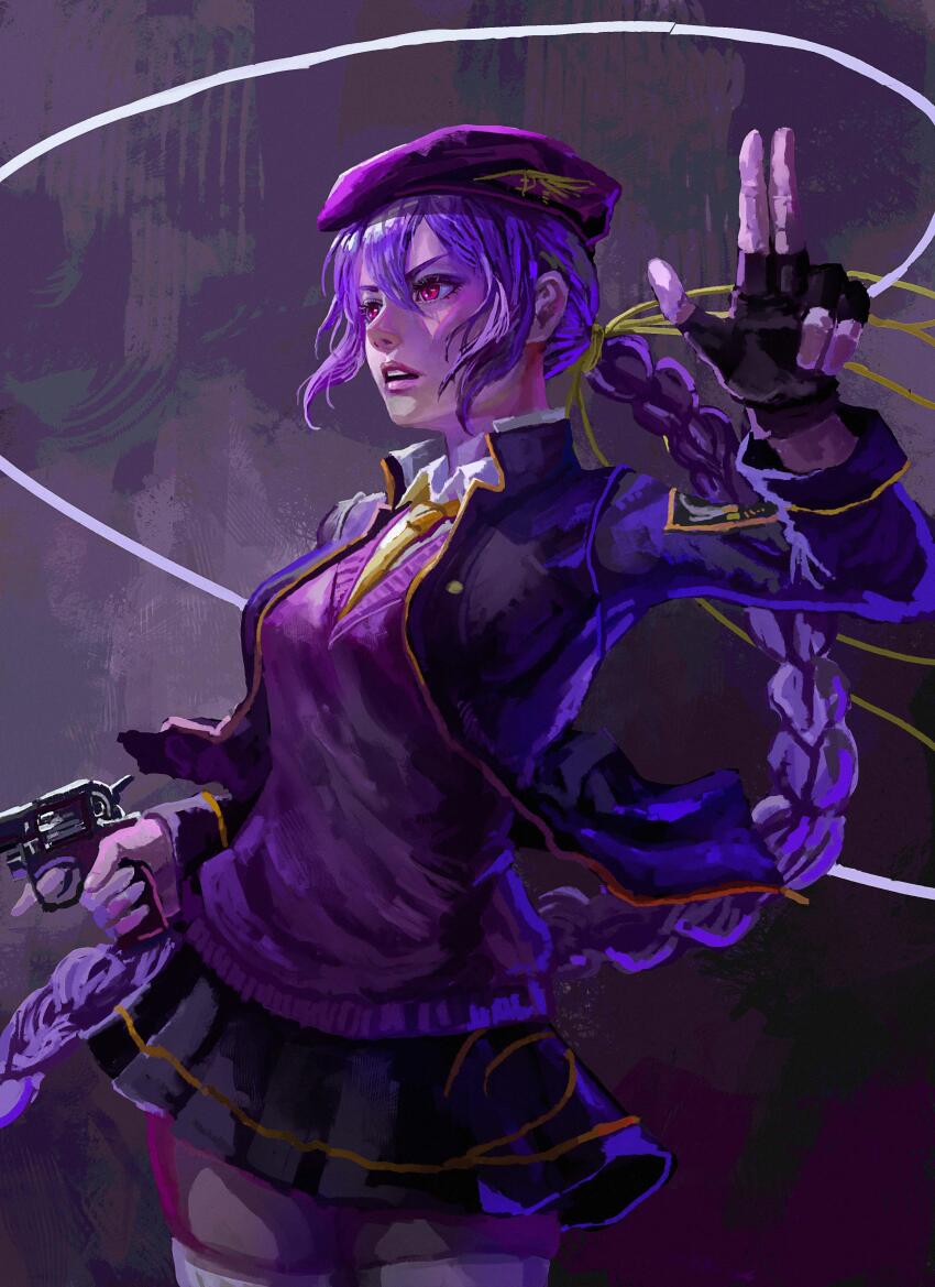 1girl absurdres beret braid breasts gun handgun hat highres holding holding_gun holding_weapon long_hair melty_blood miniskirt purple_eyes purple_hair red_eyes revolver single_braid sion_eltnam_(type-moon) sion_eltnam_atlasia skirt solo thighhighs tsukihime very_long_hair weapon yanmanxplore zettai_ryouiki
