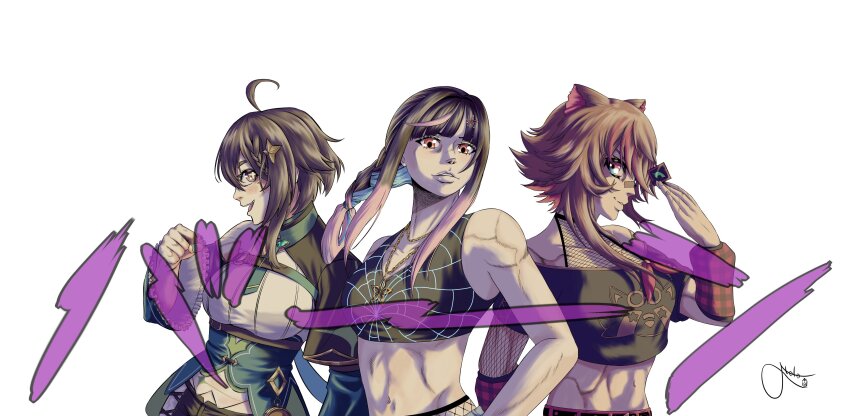 3girls abs absurdres animal_ears arms_at_sides artist_logo bandaid bandaid_on_face bandaid_on_nose bare_shoulders black_cape black_shirt black_shorts blue_eyes breasts brown_eyes brown_hair cape closed_mouth cropped_shirt detached_sleeves female_focus fishnet_top fishnets green_cape green_sleeves hand_on_own_hip hand_up highres indie_virtual_youtuber jewelry jojo_no_kimyou_na_bouken jojo_pose light logo long_hair looking_at_viewer looking_to_the_side medium_breasts medium_hair meica_(vtuber) meica_(vtuber)_(1st_costume) midriff multicolored_eyes multicolored_hair multiple_girls muscular muscular_female necklace off-shoulder_shirt off_shoulder open_mouth orange_eyes otelo-pen owozu pink_hair pointing pointing_at_viewer ponytail profile raccoon_ears raccoon_girl rakkun_sutaru rakkun_sutaru_(3rd_costume) red_eyes shirt short_cape short_hair_with_long_locks short_sleeves shorts side_cape sidelocks simple_background single_bare_shoulder sleeveless sleeveless_shirt smile spider_web_print two-tone_hair upper_body virtual_youtuber waist_cape white_background white_shirt wide_hips yomeguri_hana