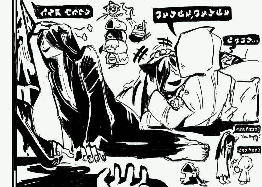 +++ 1girl 6+boys animal_ears blood bloody_weapon cat_boy cat_ears commentary corpse crowbar english_commentary greyscale happy_aura headpat heroine_(homicipher) holding holding_crowbar homicipher homicipher_text hood hood_up japanese_clothes kemonomimi_mode kimono long_hair monochrome mr._chopped mr._crawling mr._gap mr._hood mr._machete mr._scarletella mr._silvair multiple_boys multiple_views murder pool_of_blood raincoat sitting under_covers vail_raficult very_long_hair weapon