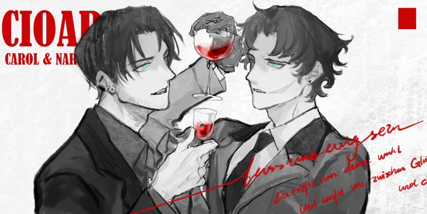 2boys alcohol arm_up black_gloves black_hair black_necktie black_suit blue_eyes collared_shirt cup curtained_hair english_text facial_hair formal_clothes gloves goatee_stubble green_eyes grey_shirt heterochromia highres holding holding_cup looking_at_another male_focus multiple_boys necktie open_mouth original red_wine scar scar_on_face shirt short_hair spot_color stubble suit upper_body white_background white_shirt wine wuruko