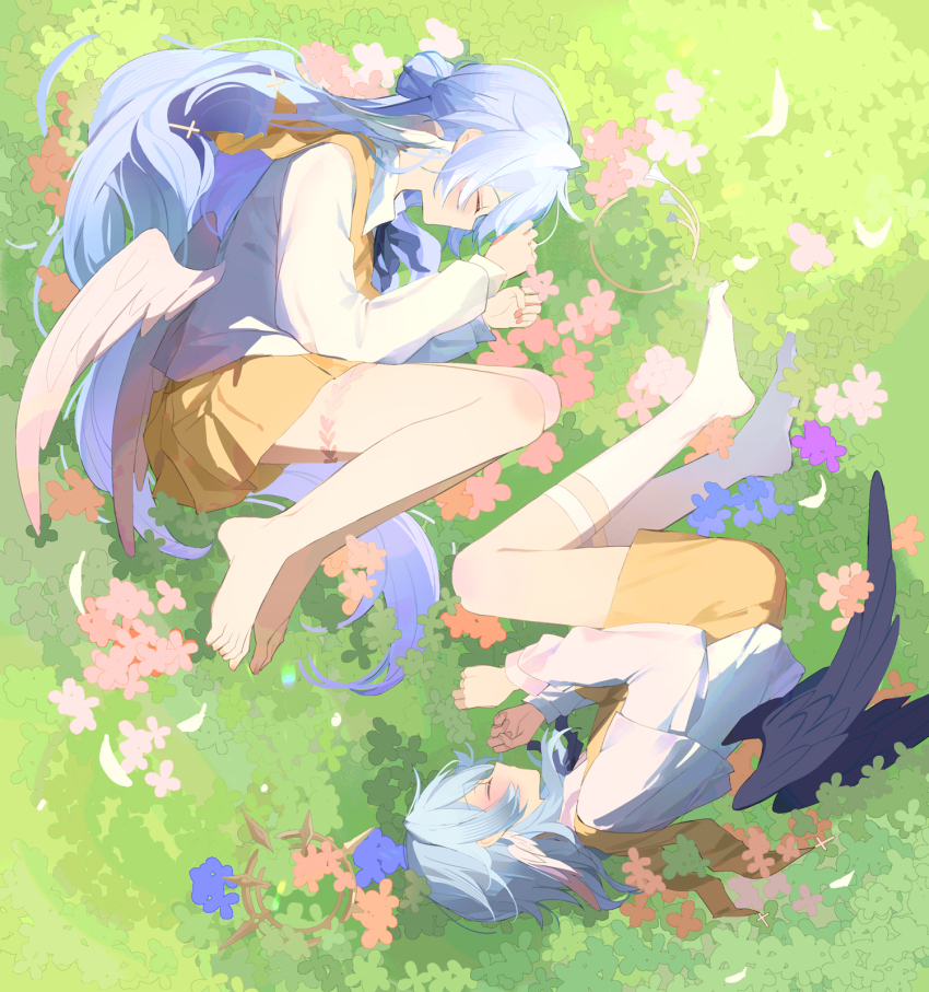 1boy 1girl aged_down angel_wings barefoot bazhua black_ribbon black_wings blue_flower blue_hair brother_and_sister capelet child closed_eyes closed_mouth cross falling_petals fetal_position flower from_above full_body hair_between_eyes hair_bun half_updo halo halo_removed head_wings highres honkai:_star_rail honkai_(series) jewelry latin_cross light_blue_hair light_blush long_hair long_sleeves low_wings lying matching_outfits medium_hair neck_ribbon no_shoes on_grass on_side petals pink_flower pleated_skirt profile purple_flower ribbon robin_(honkai:_star_rail) rotational_symmetry shirt shorts siblings single_hair_bun skirt socks spiked_halo sunday_(honkai:_star_rail) thighlet untucked_shirt very_long_hair vest white_capelet white_shirt white_socks white_wings wings yellow_shorts yellow_skirt yellow_vest