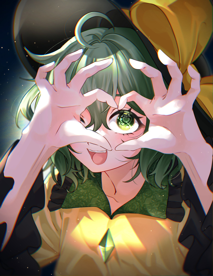 1girl four-finger_heart_hands absurdres black_hat bow frilled_shirt frilled_shirt_collar frills green_eyes green_hair hands_up hat hat_bow heart heart_hands heart_hands_over_eye highres komeiji_koishi long_sleeves looking_at_viewer medium_hair one_eye_covered open_mouth shirt smile solo touhou upper_body wide_sleeves yellow_bow yellow_shirt yoshino_(q_sci)