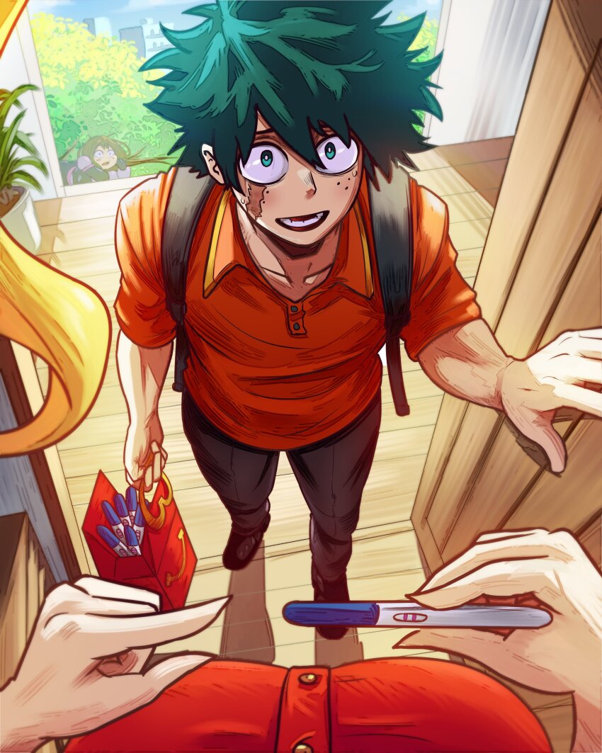 1boy 2girls absurdres bag blonde_hair boku_no_hero_academia breasts commentary_request constricted_pupils doorway employee_uniform female_pov freckles green_eyes green_hair height_difference highres holding holding_pregnancy_test implied_cheating_(relationship) ippan_josei large_breasts looking_at_viewer looking_up lower_teeth_only male_focus midoriya_izuku multiple_girls paper_bag pointing polo_shirt positive_pregnancy_test pov pov_doorway pregnancy_test red_shirt scar scar_on_face shirt solo_focus spanish_commentary tall_female teeth uraraka_ochako vlizzyvlizz117 wcdonald&#039;s