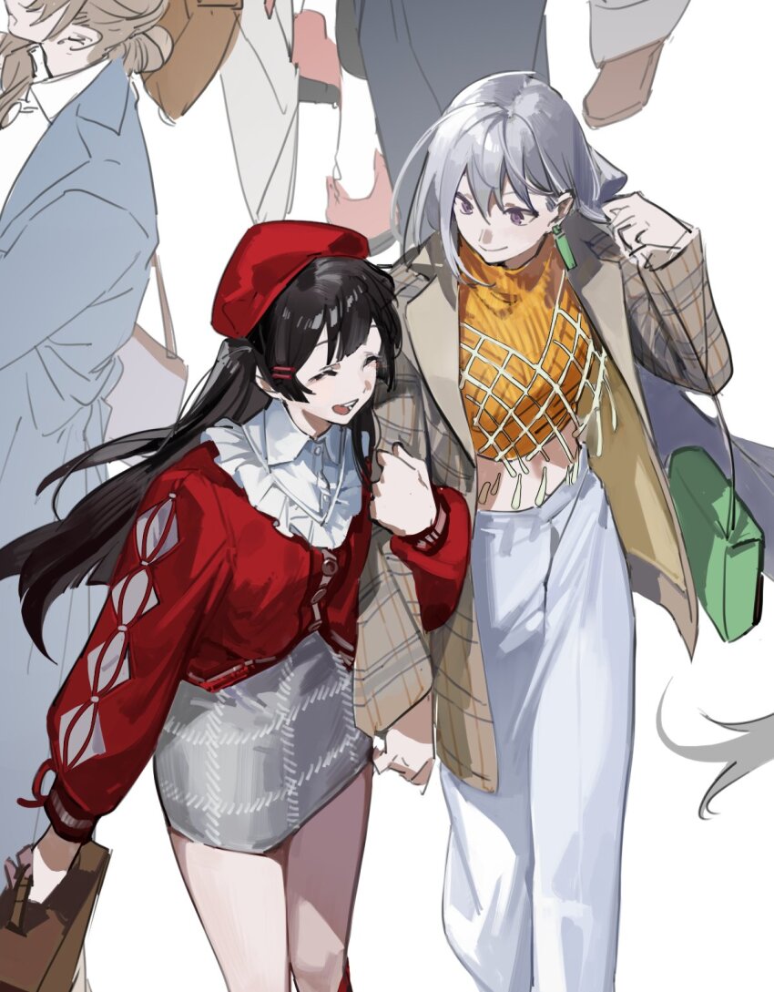 2girls beret black_hair bokyo brown_coat casual character_request closed_eyes coat copyright_request crowd grey_hair grey_skirt hat highres long_hair multiple_girls pants purple_eyes red_hat skirt smile teeth upper_teeth_only white_pants