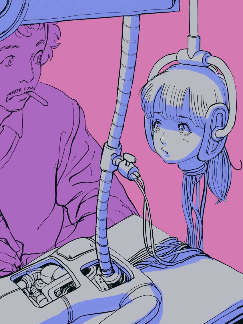 1boy 1girl android cable disembodied_head dr._slump highres limited_palette long_hair looking_at_another lying maintenance norimaki_arale norimaki_senbei nucca_dzuke on_back ponytail sketch
