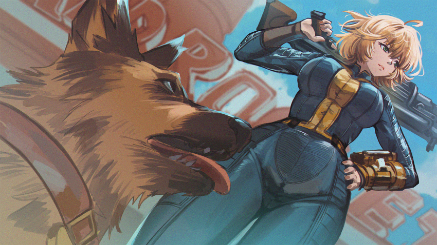 1girl antenna_hair assault_rifle blonde_hair blue_sky breasts cameltoe commentary dog dogmeat english_commentary fallout fallout_4 from_below green_eyes gun hand_on_own_hip highres jumpsuit large_breasts looking_up over_shoulder persocon93 pip_boy revision rifle skin_tight sky sole_survivor_(female) solo turtleneck weapon weapon_over_shoulder wrist_computer