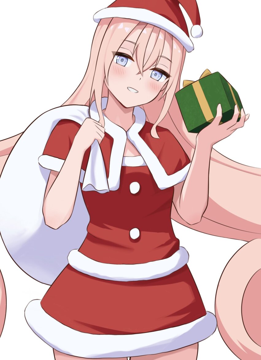 bag_behind_back blonde_hair blue_eyes box breasts christmas curly_hair dress drum_(kancolle) gift gift_box hat highres holding holding_gift kantai_collection l_meet looking_at_viewer red_dress santa_hat simple_background small_breasts smile