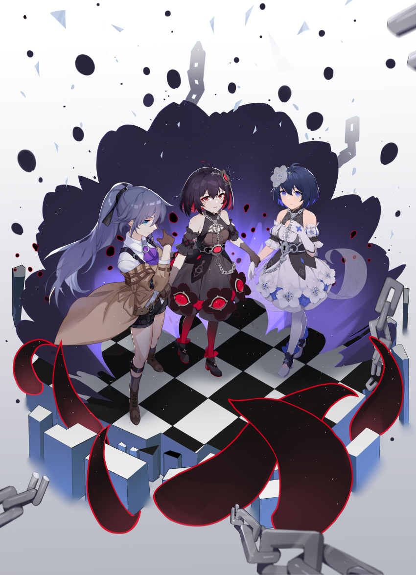 3girls absurdres ahoge artist_collaboration bare_shoulders black_dress black_flower black_footwear black_gloves black_hair black_shorts black_thighhighs blue_eyes blue_hair bob_cut bow bowtie brown_coat brown_footwear brown_gloves brown_socks chain closed_mouth coat collared_shirt detective dress dual_persona fled flower fu_hua fu_hua_(hawk_of_the_fog) fu_hua_(valkyrie_accipiter) full_body gloves grey_background hair_flower hair_ornament highres holding_hands honkai_(series) honkai_impact_3rd incredibly_absurdres long_hair long_sleeves looking_at_viewer multiple_girls open_mouth ponytail puffy_short_sleeves puffy_sleeves purple_bow purple_bowtie red_eyes red_hair seele_(alter_ego) seele_vollerei seele_vollerei_(stygian_nymph) sha_dingding shirt short_hair short_sleeves shorts socks standing thighhighs tile_floor tiles very_long_hair white_dress white_flower white_gloves white_shirt white_thighhighs yukizawa_xueze