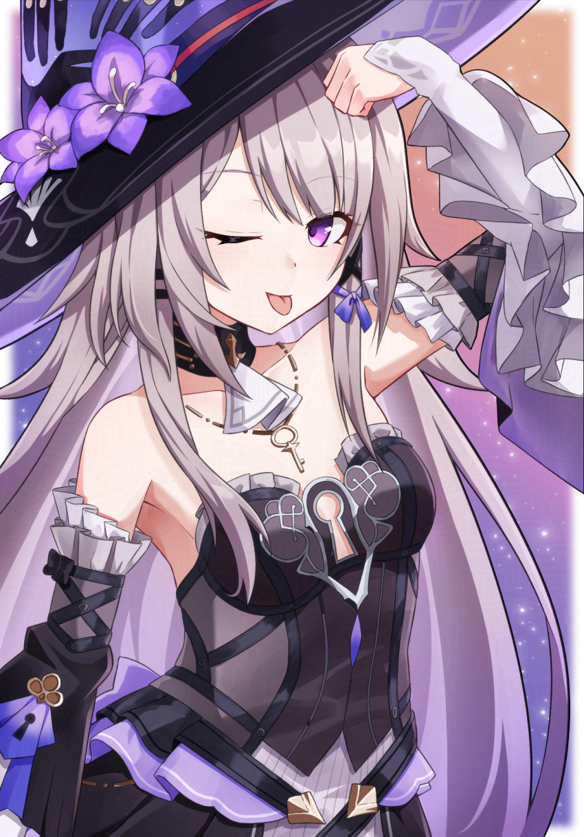 1girl ;p bare_shoulders black_dress black_hat black_sleeves breasts collarbone commentary_request detached_sleeves dress flower grey_hair hat hat_flower herta_(honkai:_star_rail) highres honkai:_star_rail honkai_(series) key keyhole long_sleeves looking_at_viewer nenosame one_eye_closed pleated_dress purple_eyes purple_flower small_breasts solo strapless strapless_dress the_herta_(honkai:_star_rail) tongue tongue_out wide_sleeves witch_hat
