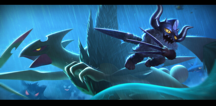 absurdres claws drifloon game_freak gastly gen_1_pokemon gen_3_pokemon gen_4_pokemon gen_8_pokemon gengar highres horns letterboxed mega_pokemon mega_sceptile mismagius nintendo no_humans perrserker pokemon pokemon_(creature) rain sceptile sharp_teeth slit_pupils teeth water_drop wer_(no0701) yellow_eyes